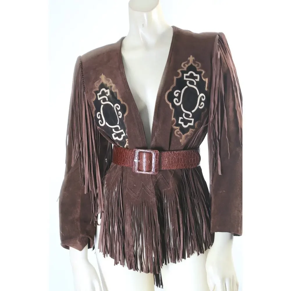 Vintage Brown Suede Fringe Western Jacket XS Boho Embroidered Statement Piece - Picture 3 of 16